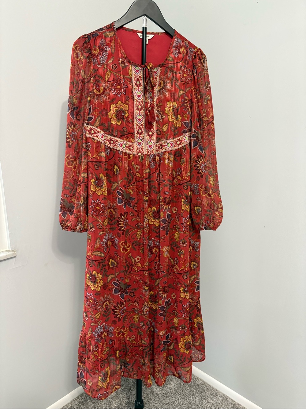 Frye & Co Boho Rust Floral Metallic Pintuck Midi Dress Cottagecore Peasant Sz XS - Picture 2 of 9
